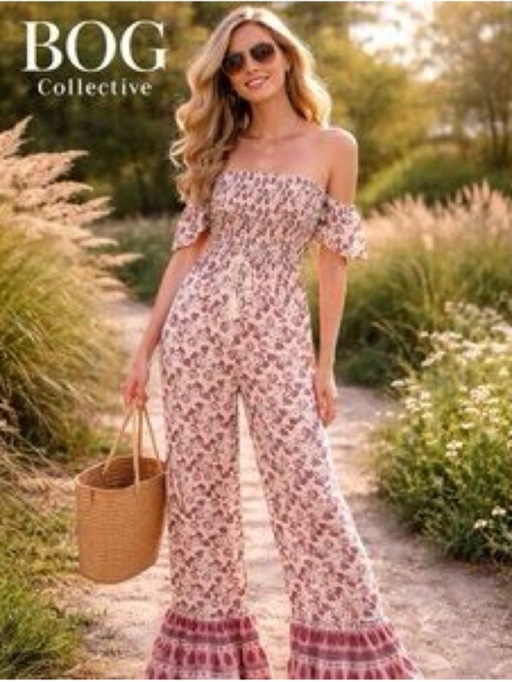 Band of Gypsies Pink Floral Off-Shoulder Smocked Jumpsuit with Ruffle Hem